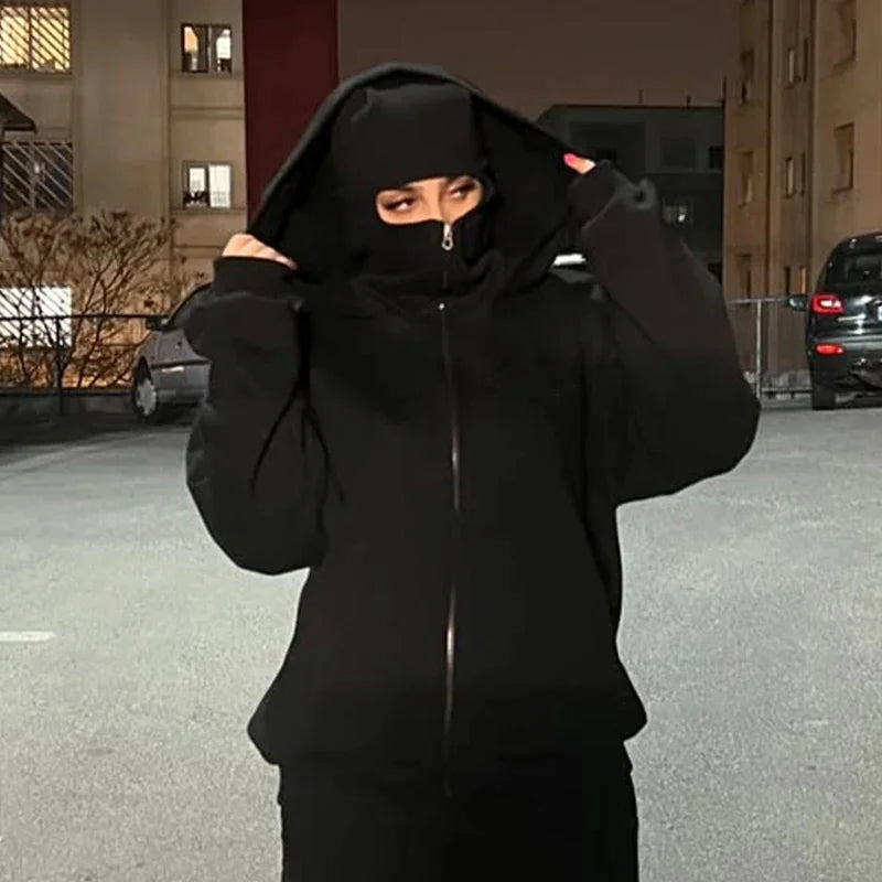 Stealth Tech ski mask zip-up hoodie in black, premium shiesty hoodie with built-in balaclava for warmth, stealth, and streetwear performance.