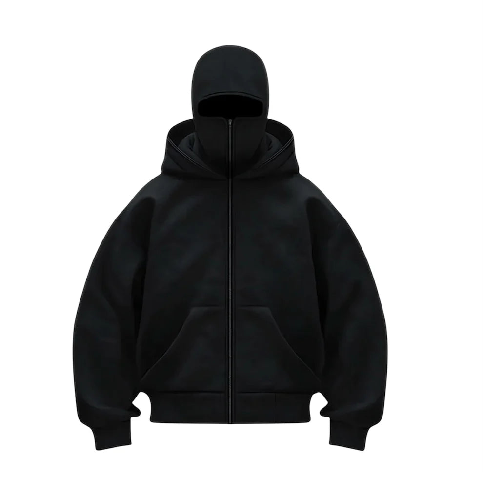 Stealth Tech black ski mask hoodie, full-zip balaclava shiesty hoodie built for stealth, warmth, and winter performance in work or skiing.
