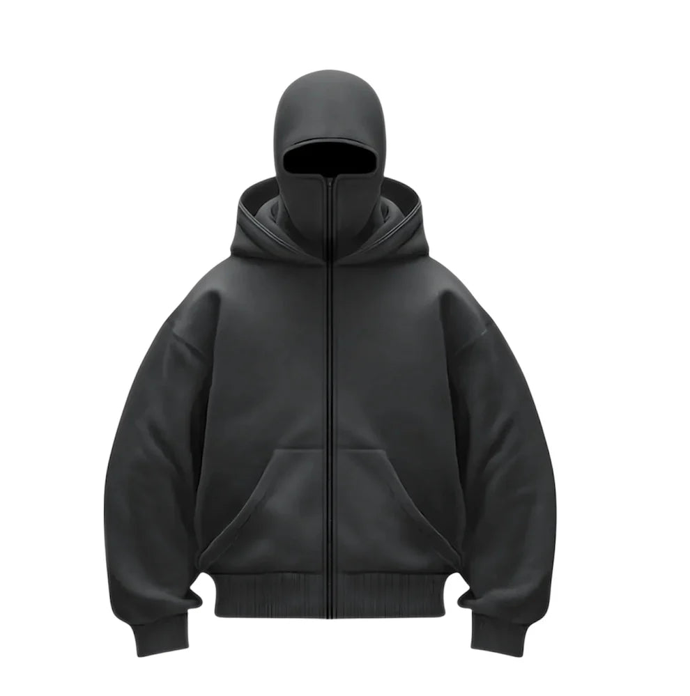 Dark grey Stealth Tech ski mask zip-up hoodie, stealth fleece balaclava hoodie perfect for winter construction, skiing, or streetwear