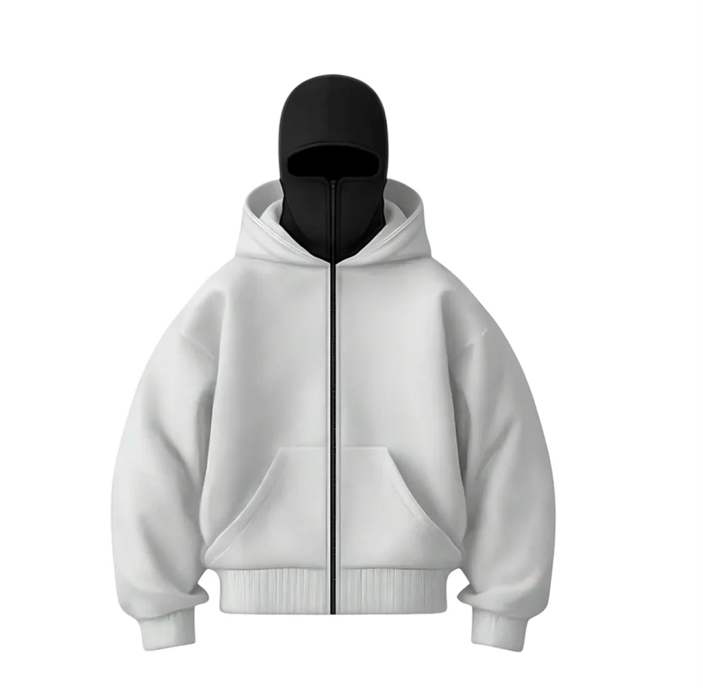 Stealth Tech light grey ski mask hoodie, thermal balaclava hoodie offering stealth coverage and modern streetwear appeal.