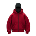 Stealth Tech red ski mask zip-up hoodie, premium shiesty hoodie with full-face balaclava for construction, skiing, and stealth streetwear style.