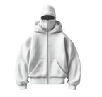 Stealth Tech white ski mask hoodie with built-in balaclava, stealth fleece hoodie perfect for cold weather, skiing, and lowkey streetwear looks.
