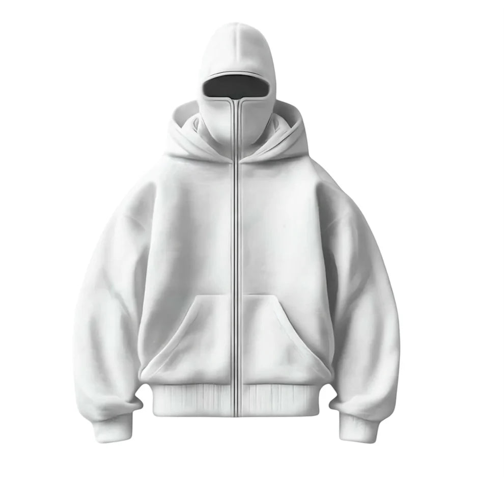 Stealth Tech white ski mask hoodie with built-in balaclava, stealth fleece hoodie perfect for cold weather, skiing, and lowkey streetwear looks.